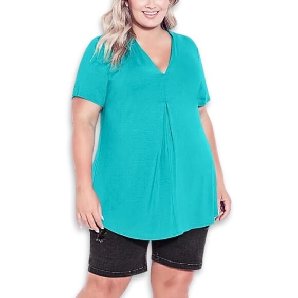 Avenue Top Hi-Low V Neckline Short Sleeves Pleated Front Blue Green Plus 18 NWT - Picture 1 of 10